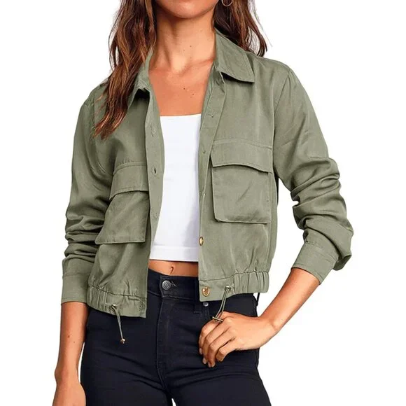 Women's Army Green Military Safari Cropped Jackets Button Down Lightweight - Picture 1 of 6